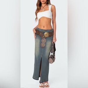 Stylish Y2K Denim Maxi Skirt with Front Slit & Lace Inserts